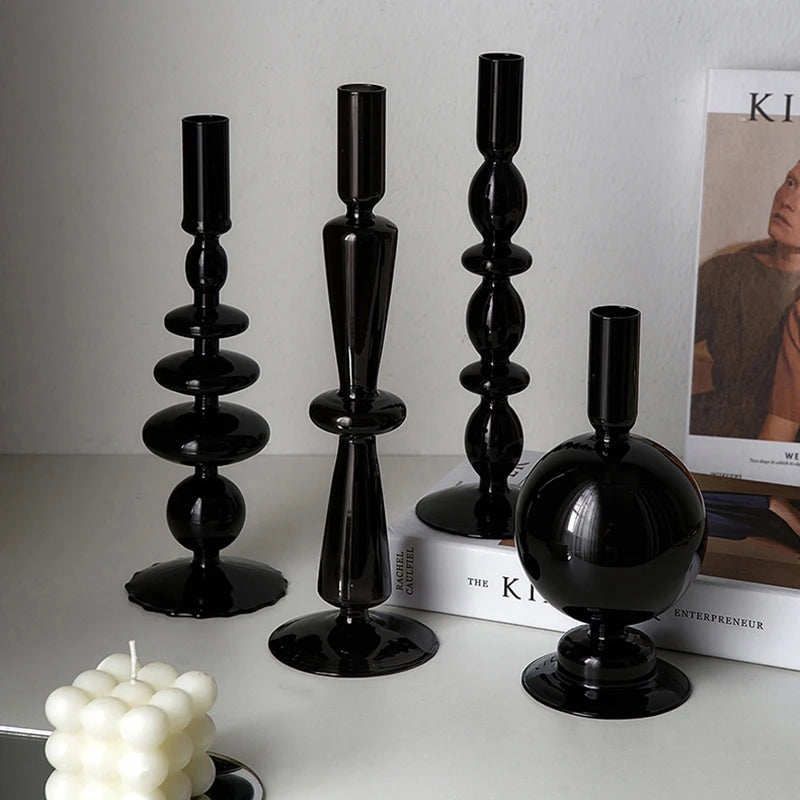 Black Glass Geo Candlesticks